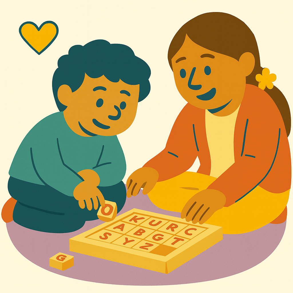 A therapist and child playing with colorful blocks.