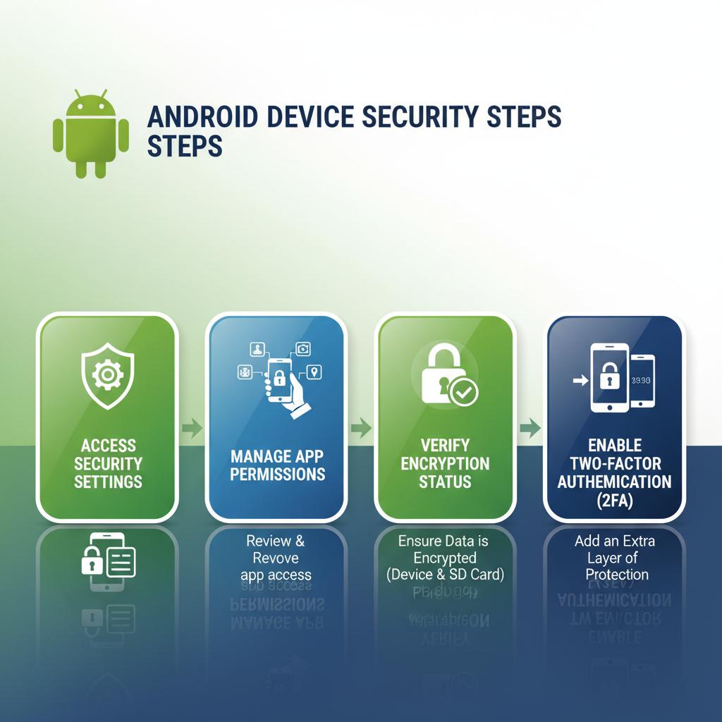Android safety An infographic illustrating the step-by-step process of securing an Android device.
