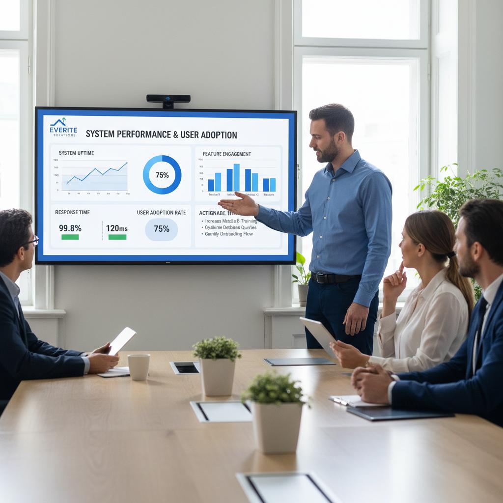 Digital transformation A live analytics dashboard on a large monitor in a conference room, showing real-time data on system performance.
