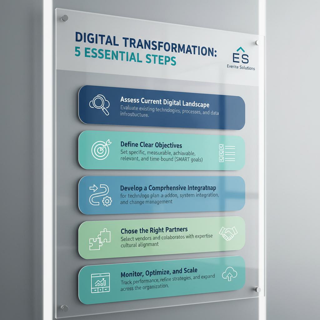 Digital transformation A detailed infographic illustrating the five essential steps of digital transformation.