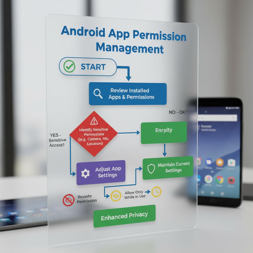 Android safety A flowchart depicting the process of managing app permissions on an Android device.