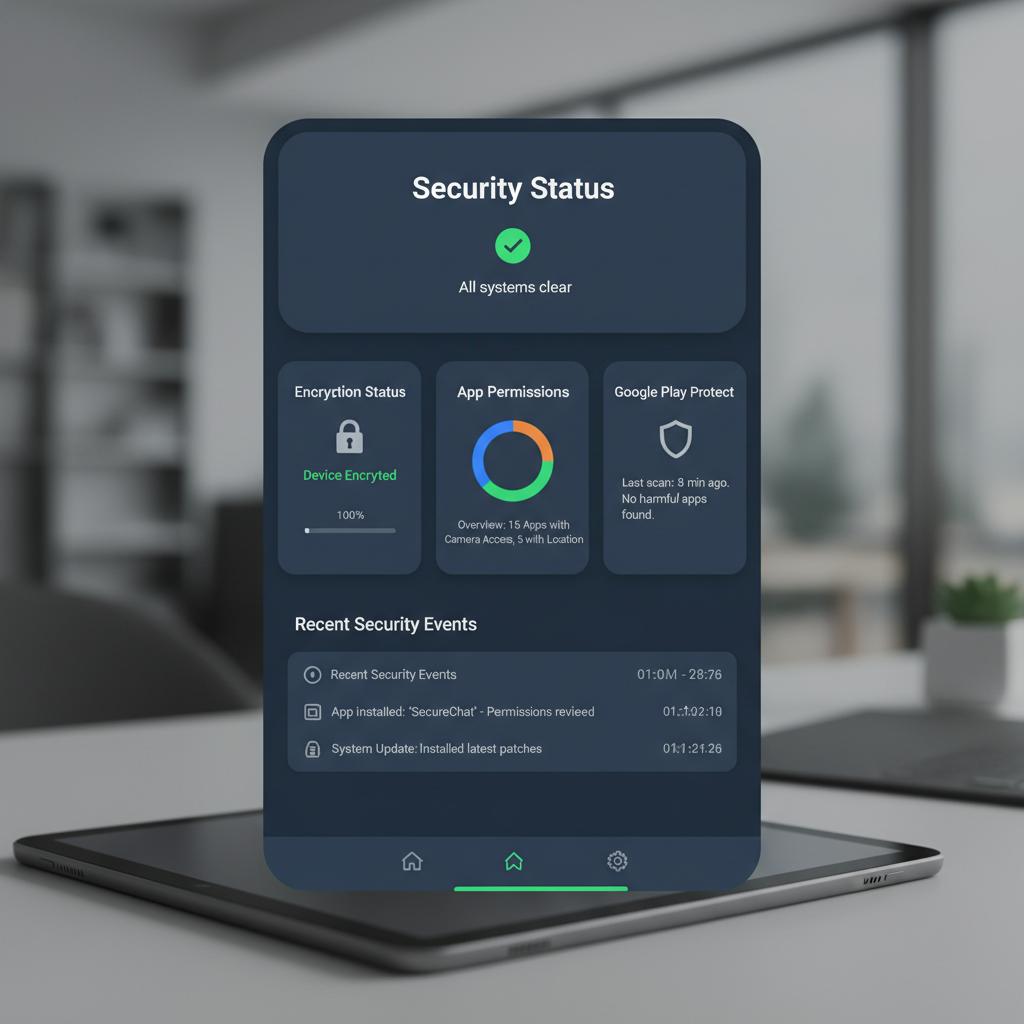 Android safety A user interface mockup of an Android security dashboard displaying key metrics.