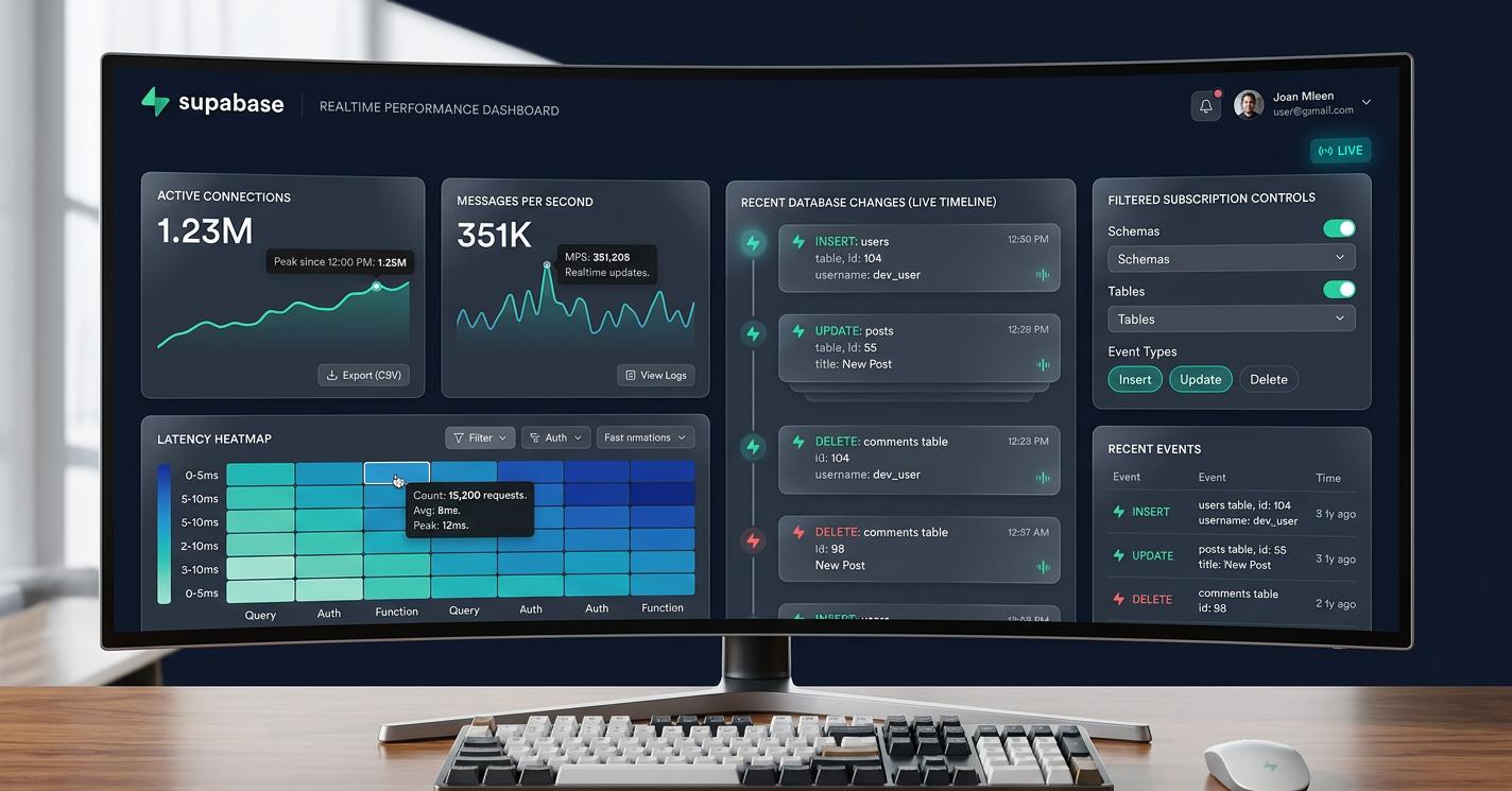 Supabase features a high-fidelity dashboard showing live analytics panels for active connections, messages per second, a latency heatmap, and a timeline of recent database changes.