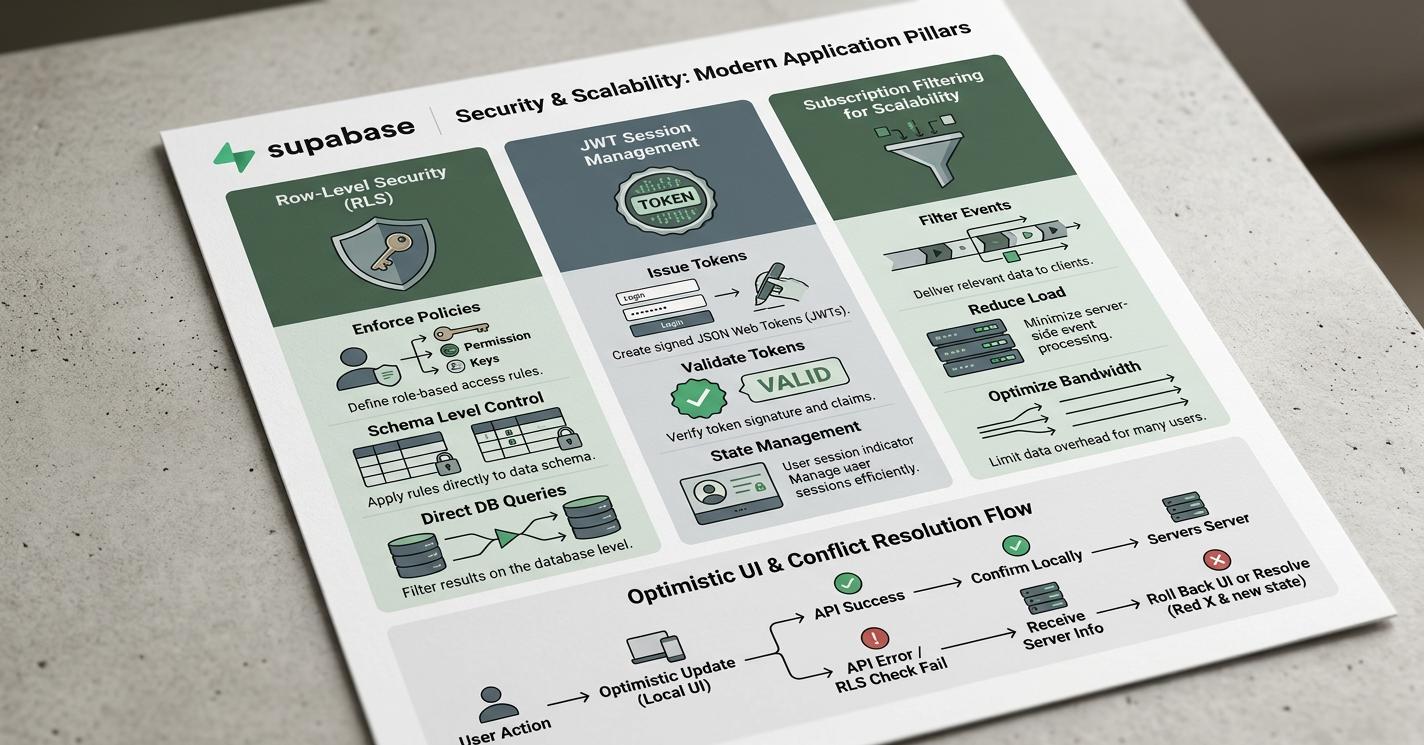 Supabase features a minimalist infographic depicting three pillars—row-level security, JWT session management, and subscription filtering—with concise steps to enforce policies, validate tokens, and filter events.