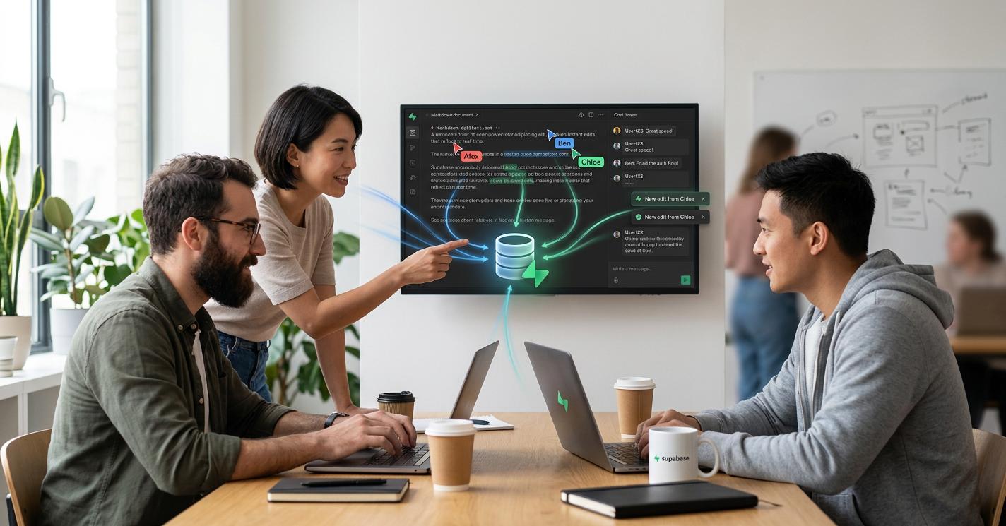 Supabase features three developers collaborating around a laptop and wall monitor with live cursors and glowing realtime event lines syncing to a central database icon.