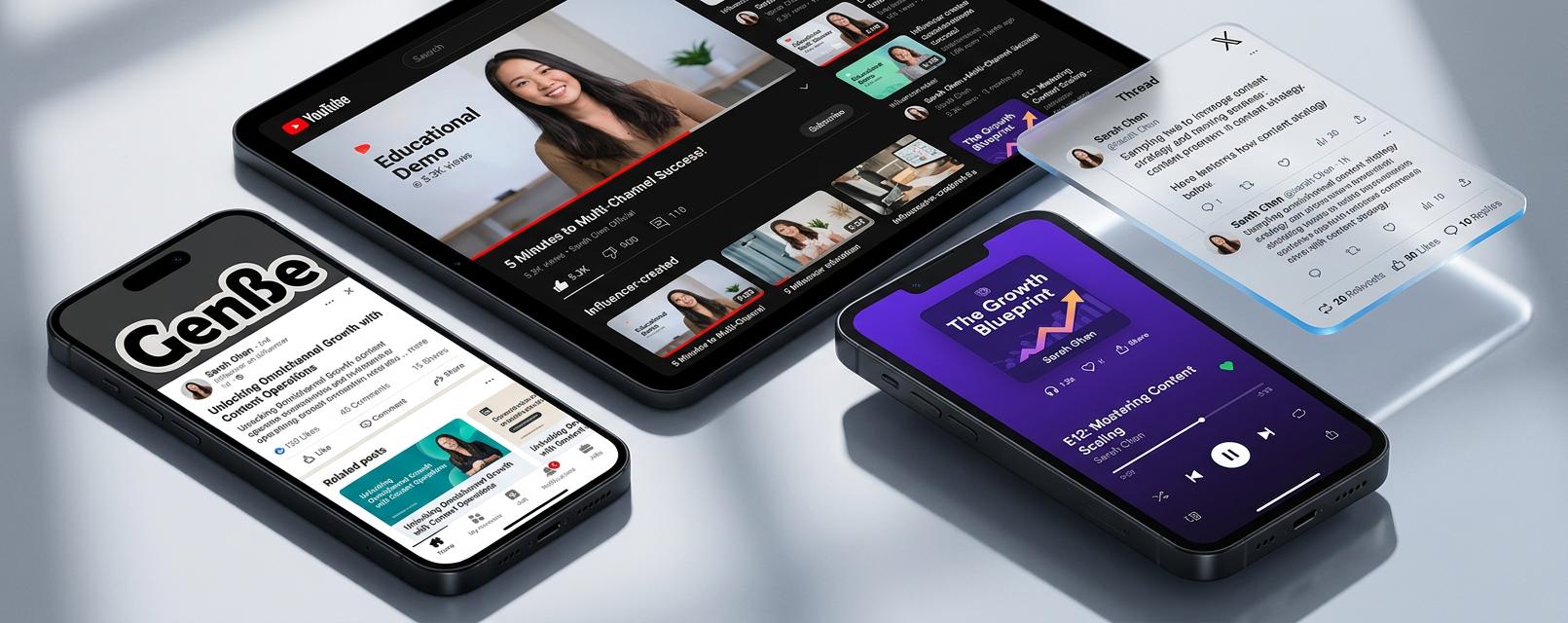 B2B Influencer Marketing features a diagonal composition of devices—a phone with a LinkedIn post, a tablet playing a YouTube demo, and a podcast player—with influencer content cards, engagement badges, and a Genbe sticker on the phone case.