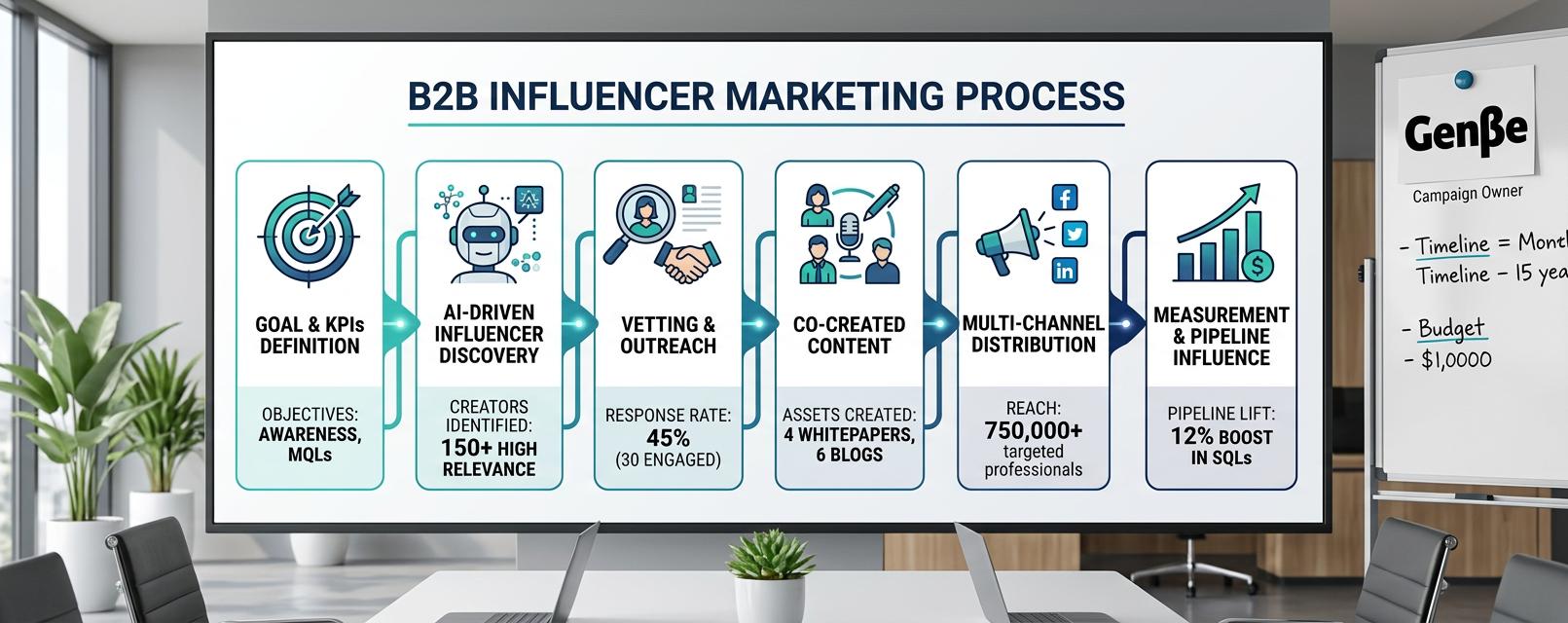 B2B Influencer Marketing presents a clean vector workflow from goal setting and AI-driven influencer discovery through distribution to measurement, with distinct flat icons, gradient connectors, and a pinned Genbe brand asset on a whiteboard.