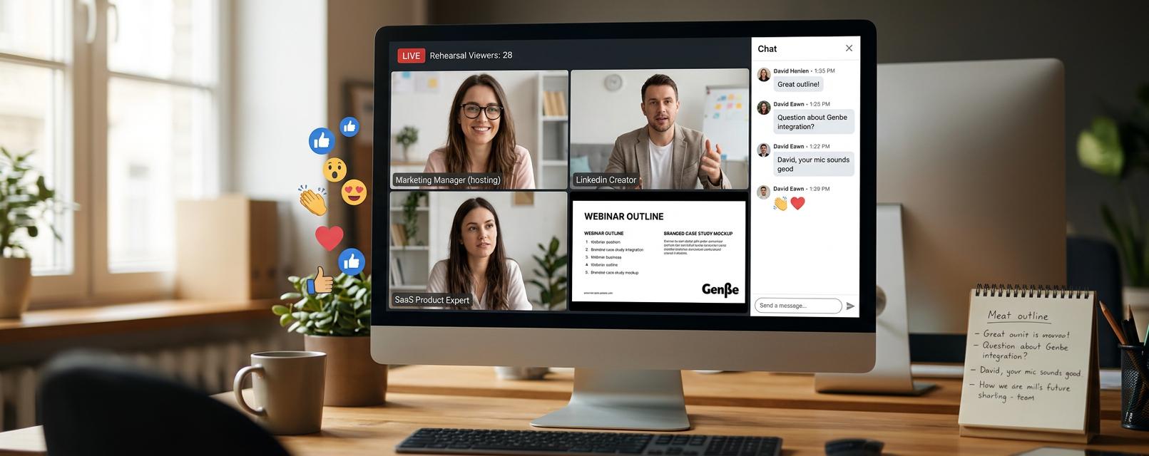 B2B Influencer Marketing captures a split-screen LinkedIn Live rehearsal on a desktop monitor showing a marketing manager, a creator, and a product expert with a webinar outline slide and visible participant reactions.