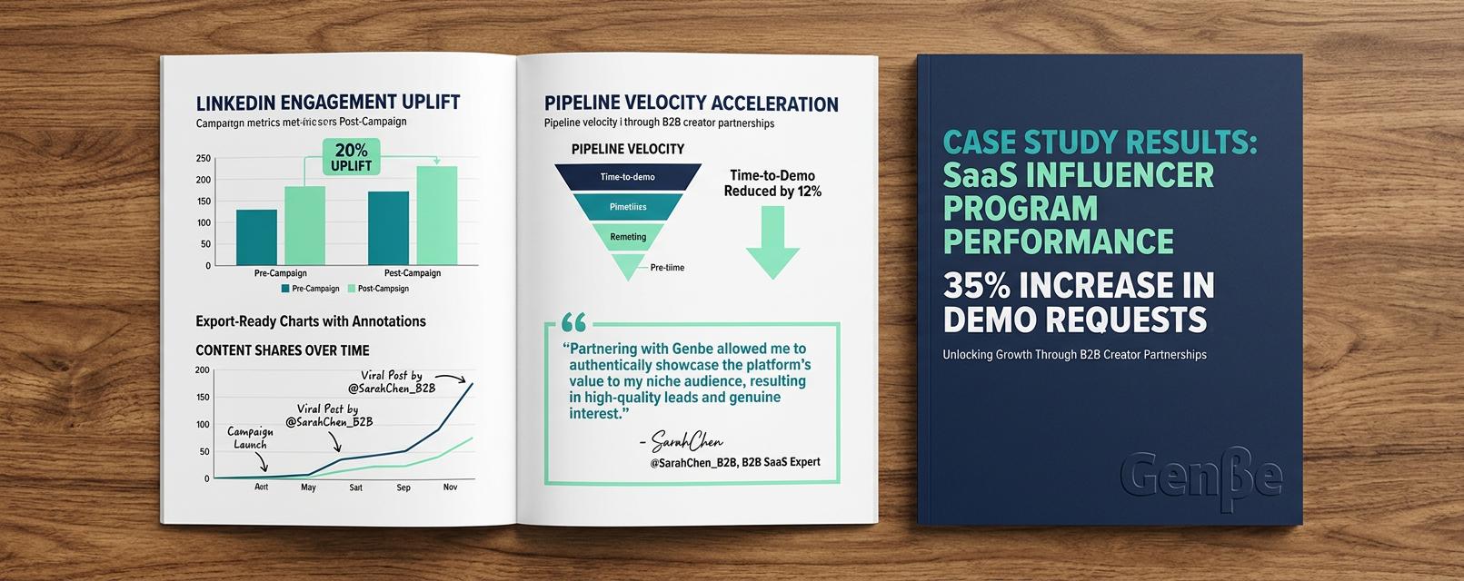 B2B Influencer Marketing displays a studio-lit top-down report spread highlighting a 35% increase in demo requests, a 20% LinkedIn engagement uplift bar chart, pipeline velocity visuals, and an embossed Genbe mark on the cover.